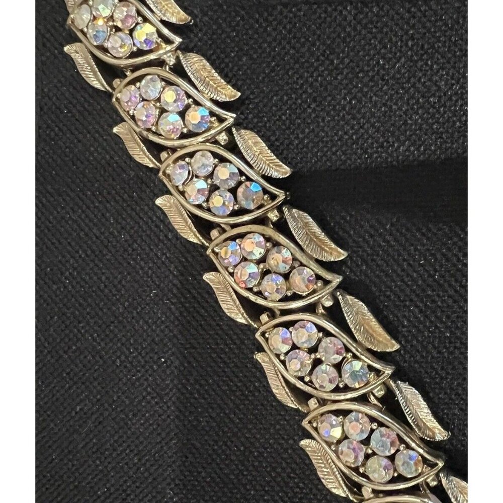 Coro Panel Bracelet Gold Tone Leaves AB Rhinestones Vintage Signed - Picture 3 of 7